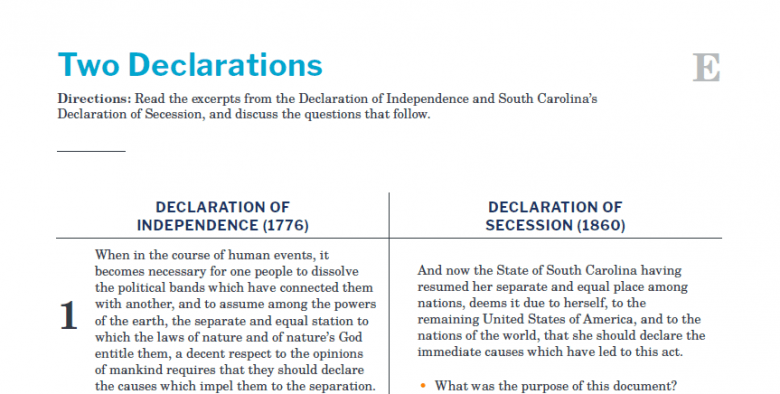 Presidents and the Constitution Handout E Two Declarations (The Election of 1860)